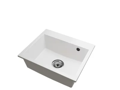 A white sink with a drain and overflow hole, isolated on a white background.