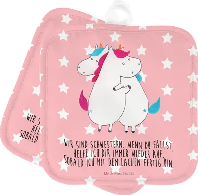 Produktbild von Mr. & Mrs. Panda topfhalter Einhörner Umarmen - Rot Pastell - Geschenk, Sister, Unicorn, Topfuntersetzer, Ofenlappen, Einhorn, Topflappen 2er Set, Kochlappen, Liebe