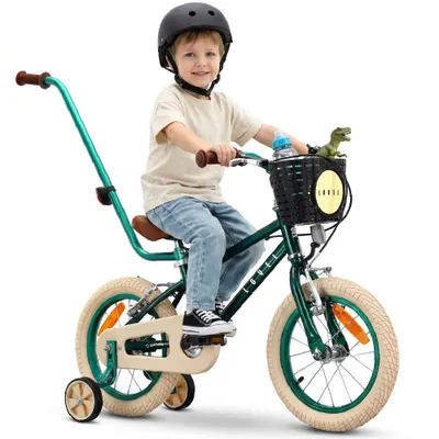Produktbild von Kinderfahrrad 14 Zoll für Jungen 3 4 5 Jahre 7,49 kg Schiebestange Stützräder Korb Klingel V-Bremse Aufkleber LOVEL grün