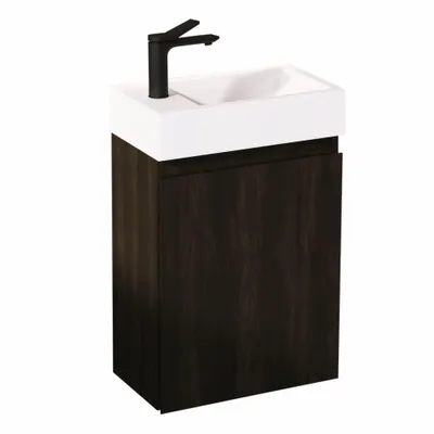 Produktbild von Waschbecken mit Unterschrank 40 cm Schwarz – JINDOLI Waschtisch Set mit schwarzer Armatur & Mineralgussbecken, vormontiert für Gäste-WC