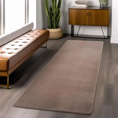 Produktbild von Waschbarer brauner Teppich, Kurzflor, rutschfest und weich, modernes Design für Wohnzimmer, Schlafzimmer, Küche 80 x 250 cm