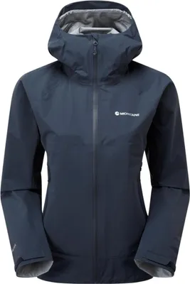 Dunkelblaue Hardshelljacke für Damen von Montane mit Kapuze und Reißverschluss.