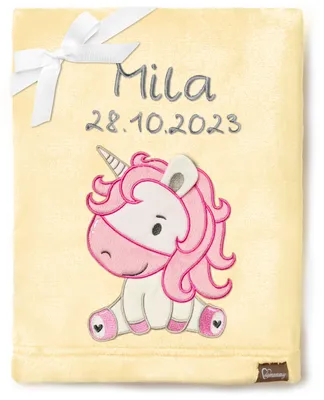 Produktbild von Be Mammy Babydecke mit 3D Applikation bestickt mit Name und Geburtsdatum 76 x 102 cm BE20-280 (Gelb – Einhorn, 76 x 102 cm)