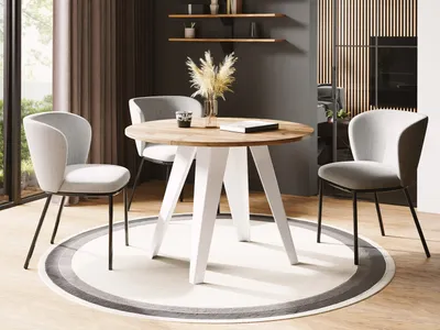 Produktbild von Esstisch Glory Weiß im Industriestil - Modern, Rund - Ausziehbar von 90 cm bis 130 cm, mit Pulverbeschichteten Metallbeinen, Tisch für Kleine Küche -  Craft Eiche