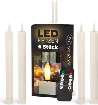 Produktbild von Stabkerzen LED mit Timer WEISS 6 Stück indoor - 6 Stunden - ECHTWACHS gerippt 23cm Höhe für Kerzen 2,2cm Durchmesser 2 AAA Batterien notwendig LED Stabkerzen 2er Set (zwei Mal) bewegliche Flamme