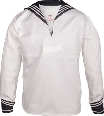 A white sailor shirt with a dark blue collar and cuffs, laid flat against a white background.