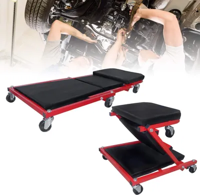 Produktbild von YARDIN 2v1 Dielenská pojazdná doska KFZ čierna Dielenská stolička Montážny stôl pojazdný stôl do 150 kg 360° kolieska
