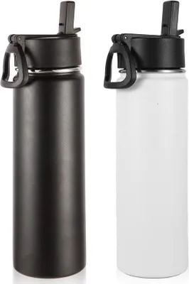 Produktbild von Famanu Wasserflasche 660ml - Mit Strohhalm, Isoliert, Edelstahl, Breiter Mund
