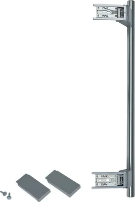 A set of kitchen appliance handles and screws against a white background.