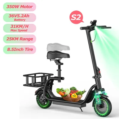 Produktbild von Elektrischer Roller S2 mit Sitz - Klappbarer E-Scooter - 350W Motor 36V - 5,2Ah Akku bis 25 km Reichweite - 21,6 cm Räder Doppelbremse Korb