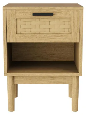 Image de Table de chevet en rotin - Table d'appoint - Lot de 2 - Rotin naturel - Pieds en bois massif - 1 tiroir - 1 étagère - Marron