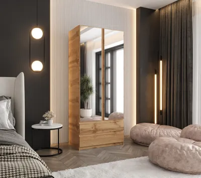Produktbild von Drehtürenschrank 190x70x48 cm Eiche Wotan mit 2 Spiegeln und 2 Schubladen – Moderner Kleiderschrank ideal für Schlafzimmer und Flur