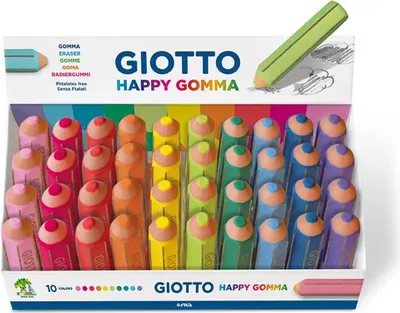 Produktbild von Giotto Happy Gomma Radierer Gummi Blau, Koralle, Fuchsie, Grün, Lila, Limette, Orange, Pink, Türkis, Gelb 40 Stück(e)
