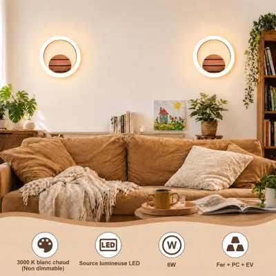 Image de Applique murale LED ZMH pour intérieur, applique de couloir, 20 cm, blanc chaud, lampe de cuisine ronde, 6 W, éclairage indirect, lampe d'escalier, aspect bois, lampe de chambre à coucher pour le salon, Image générée par une IA