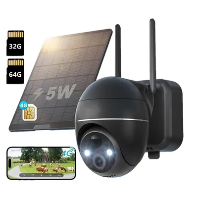 Obrázek produktu pro dohledová kamera 4G LTE Venkovní baterie se SIM kartou 2K bezdrátová solární PTZ IP kamera Venkovní bez WiFi Barevné noční vidění PIR detekce s 32G a 64G