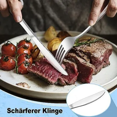 Produktbild von Herogo Steakbesteck Set, 24-teilig Edelstahl Tafelmesser und Tafelgabeln für 12 Personen, Silber Pizzabesteck Set mit 12 Messer und 12 Gabel, Rostfrei Besteck Set, Spülmaschinenfest