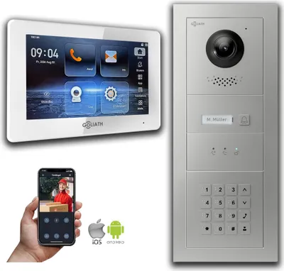 Produktbild von Goliath IP Video Türsprechanlage mit Kamera 7-Zoll Zahlencode Anzeige Silber : 1 Monitor : 7 Zoll Weiß : Unterputzdose Monitor Anzahl: 1 Monitor Monitor Farbe: 7 Zoll Weiß Montage: Unterputzdose