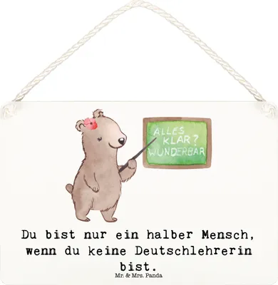 Produktbild von Mr. & Mrs. Panda Schild Deutschlehrerin Herz DIN A6 - Weiß - Geschenk, Holzschild, Deutschunterricht, Witzig, Grundschule, Türschild, Lustig, Wandbild Holz, holzbild