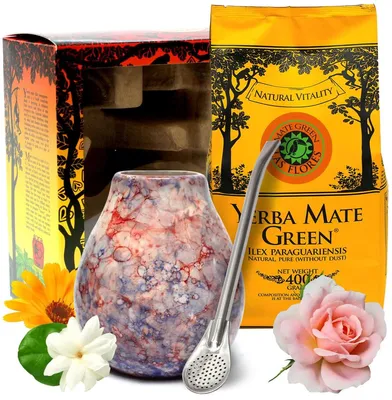 Produktbild von Geschenkset Yerba Mate Tee Mate Green Set Las Flores 400g - Keramik mate becher Caleidoscope 250ml. Bombilla 19cm, korkpad - vegan