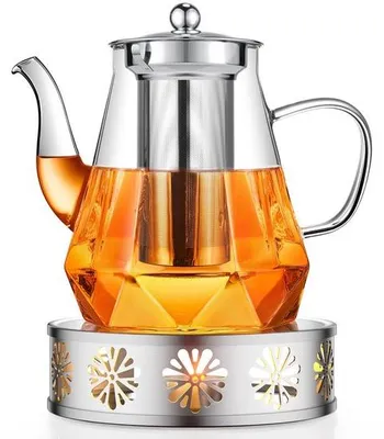 Produktbild von Unyqoos® Glas-Teekanne 1,2 l mit verziertem Stövchen & herausnehmbarem Edelstahl-Sieb, Borosilikatglas, tropffreier Ausguss