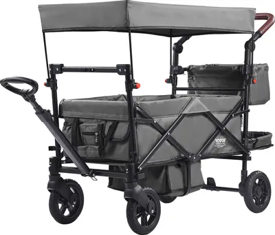 Produktbild von VEVOR Buggy für 2 Kinder, zusammenklappbarer Push-Pull-Kinderwagen mit verstellbarem Griff, umlaufendem Gurt, abnehmbarem Verdeck, 4 Rädern mit Bremsen, multifunktionaler Tandem-Kinderwagen