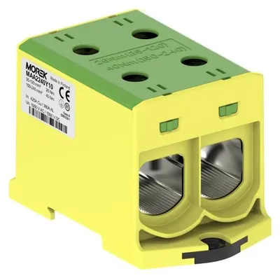 Imagen del producto de Bornier de conexión para carril DIN, 2X, aluminio/cobre, 35.0-240.0 mm², 1000 V CA / 1500 V CC. Borne universal, color verde/amarillo