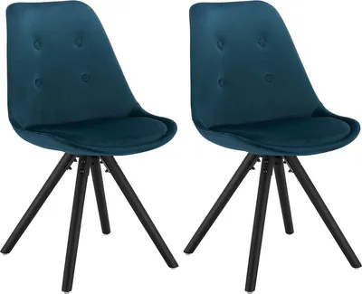 Zdjęcie produktu dla Krzesło do jadalni - Happyment Zeda - Niebieski aksamit - Drewniane nogi - Wysokość 46 cm - Zestaw 2 - Ergonomiczne i wygodne
