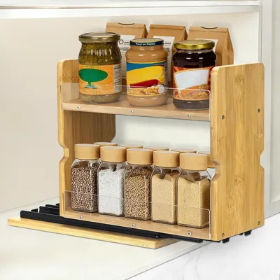 Image de Étagère à épices coulissante en bambou, 2 niveaux, organisateur de cuisine, 25x27x13 cm