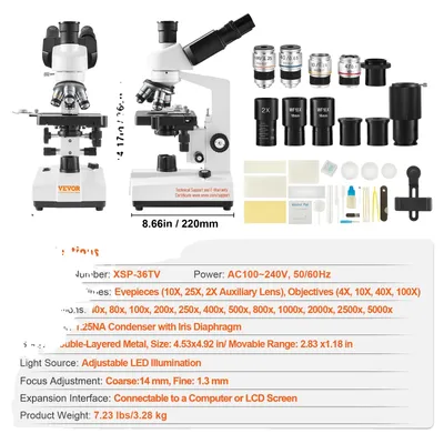 Zdjęcie produktu dla Mikroskop trójokularowy VEVOR, powiększenie 40x-5000x, regulowane oświetlenie LED, 40x-5000x40x do 5000x, potrójny okular