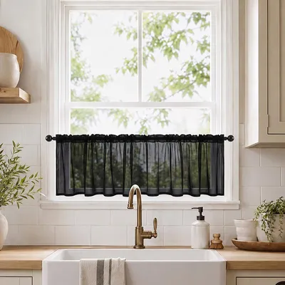 Produktbild von 1 Stück Scheibengardine Transparent Vorhang Voile Bistrogardinen Kurz Gardinen für Küche Schlafzimmer, Schwarz, B132xH46cm