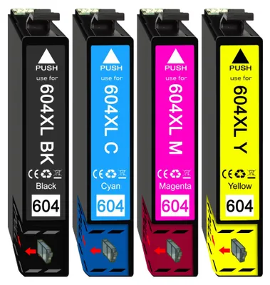 Four printer ink cartridges are lined up against a white background.