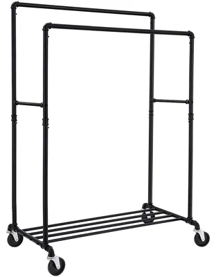 Produktbild von Schwarze Industrial Standgarderobe auf Rollen mit Doppelstange und Ablage