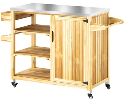 Image de Chariot à barbecue 134,5 x 50 cm avec plan de travail en acier inoxydable, chariot de service en bois, table de barbecue d'extérieur, table d'appoint mobile, bois naturel