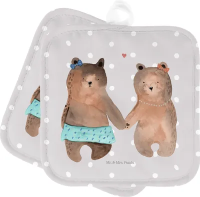 Produktbild von Mr. & Mrs. Panda Topflappen Bär Freundin - Grau Pastell - Geschenk, Teddy, Topfuntersetzer, Ofenlappen, Beste Freund Liebe Liebesbeweis Verliebt Kumpel Kumpeliene, Set