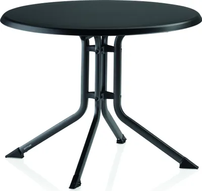 A black, round KETTLER Boulevard outdoor table with a folding mechanism and four legs, shown against a white background.