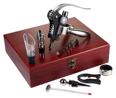 Imagen del producto de Set de sumiller con 10 accesorios para vino, presentado en una caja de regalo de madera