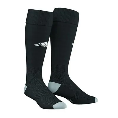 A pair of black Adidas soccer socks with gray accents on the heel and toe.