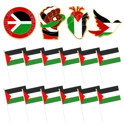 Productafbeelding van 12 Stuks Palestijnse Vlaggen 20 x 14,5 cm + 4 Stuks Vlaggenpins