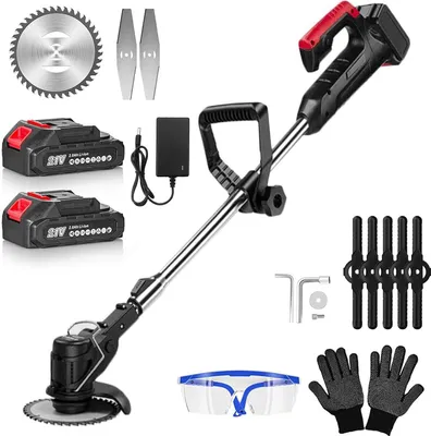 A collection of items for a cordless grass trimmer, including the trimmer itself, batteries, charger, blades, safety glasses, and gloves, arranged on a white background.