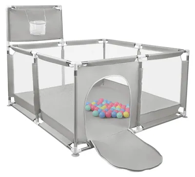 Produktbild von Baby Laufstall - Spielgitter mit Bällebad - 126x126x66 cm - Mit Basketballkorb - Als Lauflernhilfe ab 1 Jahr - Grau