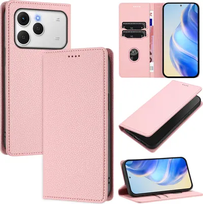 Produktbild von Litchi Leder Handyhülle für Tecno Spark 40 4G Wallet Kartenfächer Standfunktion Hülle Pink
