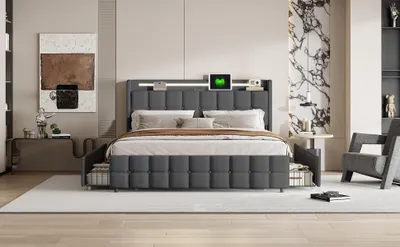 Immagine prodotto di Letto matrimoniale imbottito 160 x 200 cm con 4 cassetti per adulti e ragazzi, lino, grigio