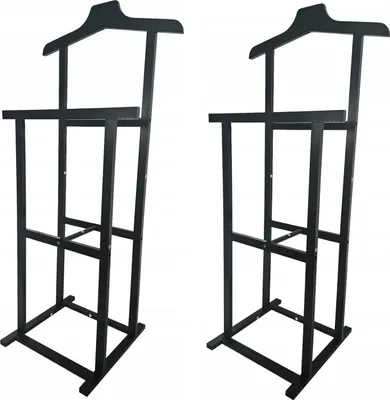 Two black wooden garment butler stands are shown against a white background.
