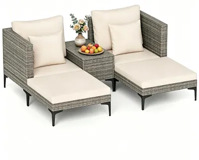 Produktbild von KOMFOTTEU Rattan Gartenmöbel Set, Sonnenliege 2 Personen, 5-teilige Gartenlounge Set Gartensofa mit Liegefunktion, Gartenliege Lounge Set für Garten, Balkon, Terrasse, Poolrand (Grau+Weiß)