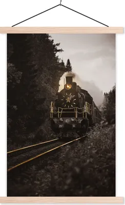 Produktbild von MuchoWow® Textilposter Zug - Schwarz - Gold 60x90 cm mit holzfarbenen Rahmen - Textil