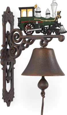 Produktbild von Nostalgische Wandglocke Gusseisen mit Deko-Lokomotive - Klingel für Garten Haus Tür Wand - Türglocke wetterfest rustikal bunt - 24,5 x 14 x 33 cm - Antik-Look