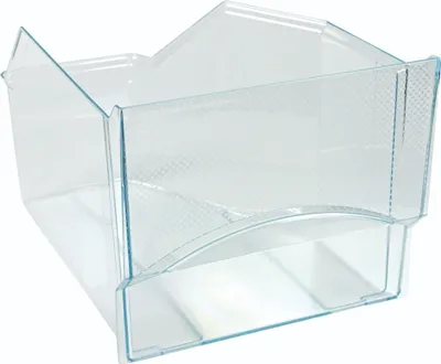 A clear plastic refrigerator drawer or bin.