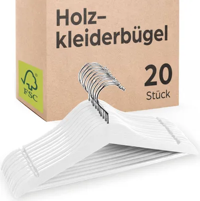 Produktbild von Praknu 20 Kleiderbügel Weiß - Kleiderbügel aus Holz mit Steg - 360 Grad drehbar - Bügel mit Hosenstange - Holzkleiderbügel weiss