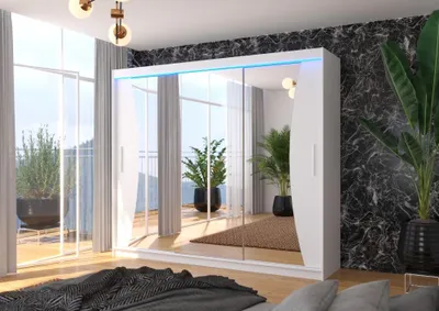 Obrázek produktu pro Velká skříň se zrcadlem a LED osvětlením 250 cm CANLIA - bílá