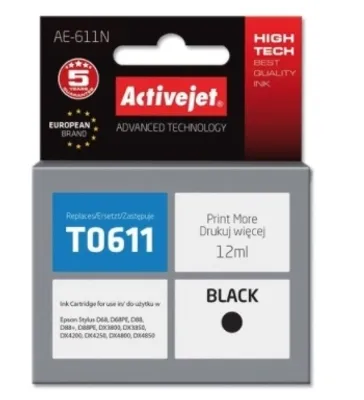 Produktbild von Activejet AE-611N Tintenpatrone für Epson Drucker, Epson T0611 Ersatz; Höchste; 12ml; schwarz, Hohe (XL-) Ausbeute, Schwarz, Tinte auf Pigmentbasis, 12 ml, 1 Stück(e), Einzelpackung